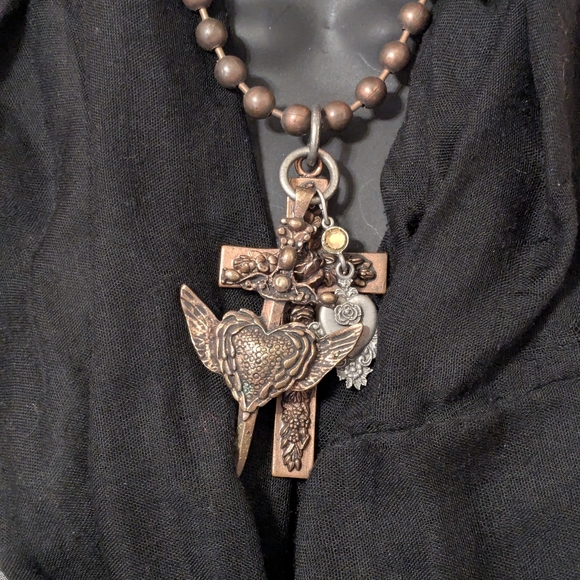 Fashion Necklace Chunky Metal 3 PC Statement Ornate w/Large Cross 18" - Picture 2 of 9